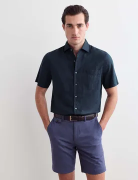 Regular Fit Luxury Linen Cotton Short Sleeve Shirt Navy male - Jaeger - FashionsVida