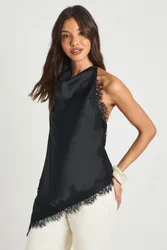 Womens Lace Cowl Asymmetric Top - Black - Size 10 Uk