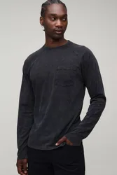 Herren Großes Essential Gewaschenes Regular Fit Raglan Langarm Brusttaschen-Oberteil Black Größe Large