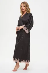 Women's Sorella Satin Lace Trim Maxi Robe in Black Size: Medium - Black - Size: M