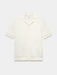 Button-Through Patchwork Knitted Polo Shirt Ecru male
