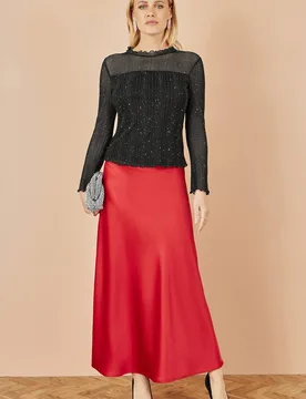 Women's Red Satin Midi Skirt Size: 14 - Red - Size: 14 - Yumi - FashionsVida