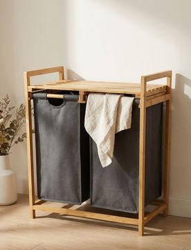 Scaffale da bagno con cesti portabiancheria in tessuto - beige