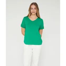 Camiseta de mujer escote pico y entredos