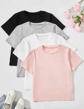 Set de 4 camisetas de manga corta de colores para adolescentes, cuello redondo clásico, casuales y versátiles, aptas para el verano - Shein - FashionsVida