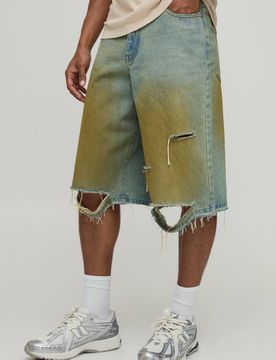 Herren Getönte Jeans Hosen-Shorts Mit Rohem Saum In Verlängerter Form Light Blue Größe 44