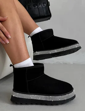Women's Crystal Diamond Edge Cosy Snug Mini Boots in Black Size: 8 - Black - Size: 8 - Love Lemonade - FashionsVida
