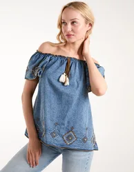 Denim Embroidered Bardot Top - S / Light Denim - female