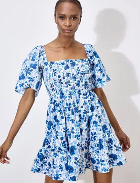 Women's Smocked Cotton Floral Mini Dress in White Size: 14 - White - Size: 14 - Apricot - FashionsVida
