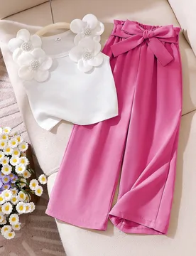 Set de 2 piezas para niñas (talla pequeña) con top sin mangas de punto con diseño de flor blanca de 5 pétalos y pantalones con estampado floral be - Shein - FashionsVida