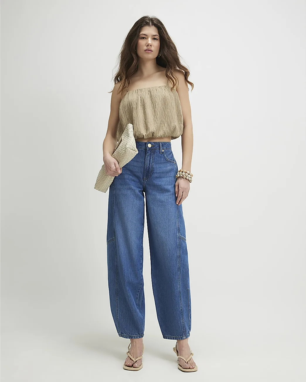 Womens Barrel Jeans Blue Mid Rise Leg Zip Cotton - Size 20 Regular - River Island - FashionsVida