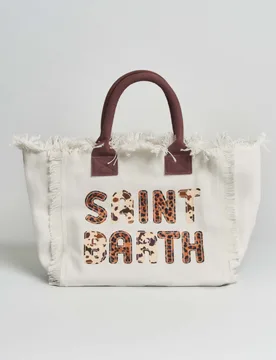 Borsa Vanity bianca in cotone con patch logo in stampa animalier e manici marroni - MC2 SAINT BARTH - FashionsVida