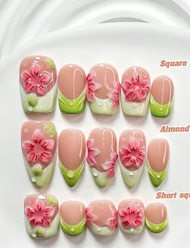 Piezas de uñas postizas hechas a mano de estilo natural y fresco, set de uñas de polygel, flor de cinco pétalos, hojas, esmalte de uñas rosa y ver - Shein - FashionsVida
