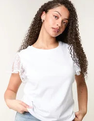Polka Dot Mesh Sleeve T-shirt - L / WHITE - female