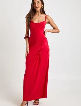 Womens Slinky Ruched Side Maxi Skirt - Red Elastane - Size 12 Uk - Boohoo - FashionsVida
