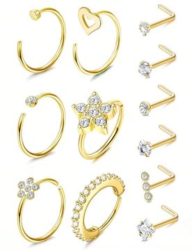 PIEZAS 20G Anillos de nariz de acero inoxidable para mujeres y hombres con flor engastada de circonita cúbica, set de aretes de nariz con forma de L