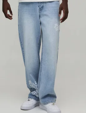 Men's Relaxed Fit Floral Puff Print Jeans Light Wash Size 40R Light Wash 40R - boohooMAN - FashionsVida