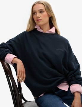 Superdry Damen Baumwolle Gesticktes Logo Stückgefärbtes Essential Sweatshirt Und Rundhalsausschnitt, Marineblau, Größe: 36