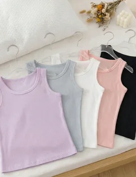 Set de 5 piezas de Tops de tirantes básicos de cuello redondo para niñas, de tela de canalé cómoda y transpirable, adecuados para adolescentes y e - Shein - FashionsVida