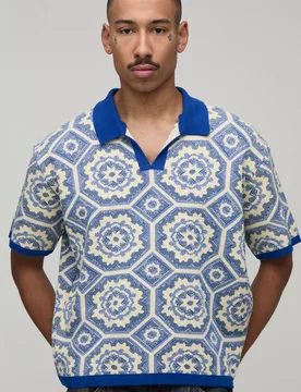 Men's Oversized Boxy Crochet Cotton Blend Knitted Polo Yellow Size X-Small Yellow XS - boohooMAN - FashionsVida