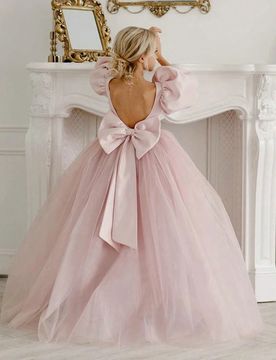 Vestido de princesa con manga abullonada, escote en V profundo y lazo en la espalda de tul y malla para niña preadolescente, adecuado para fiesta de
