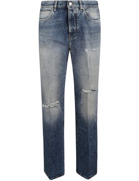 Distressed Effect Five-Pocket Jeans with Belt Loops and Button Closure