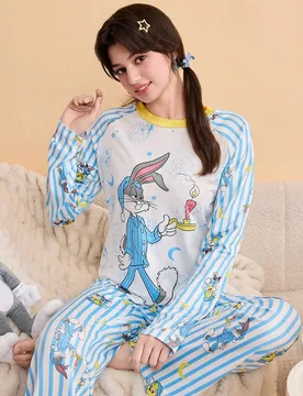 Conjunto de pijama de manga larga y pantalones para mujer, rayas azules y blancas con estampado de estrellas y lunas, colaboración de personajes de d - Shein - FashionsVida
