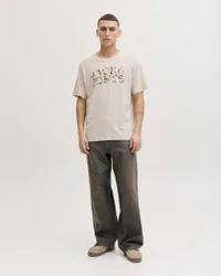 T-shirt beige in cotone con stampa logo frontale grafica