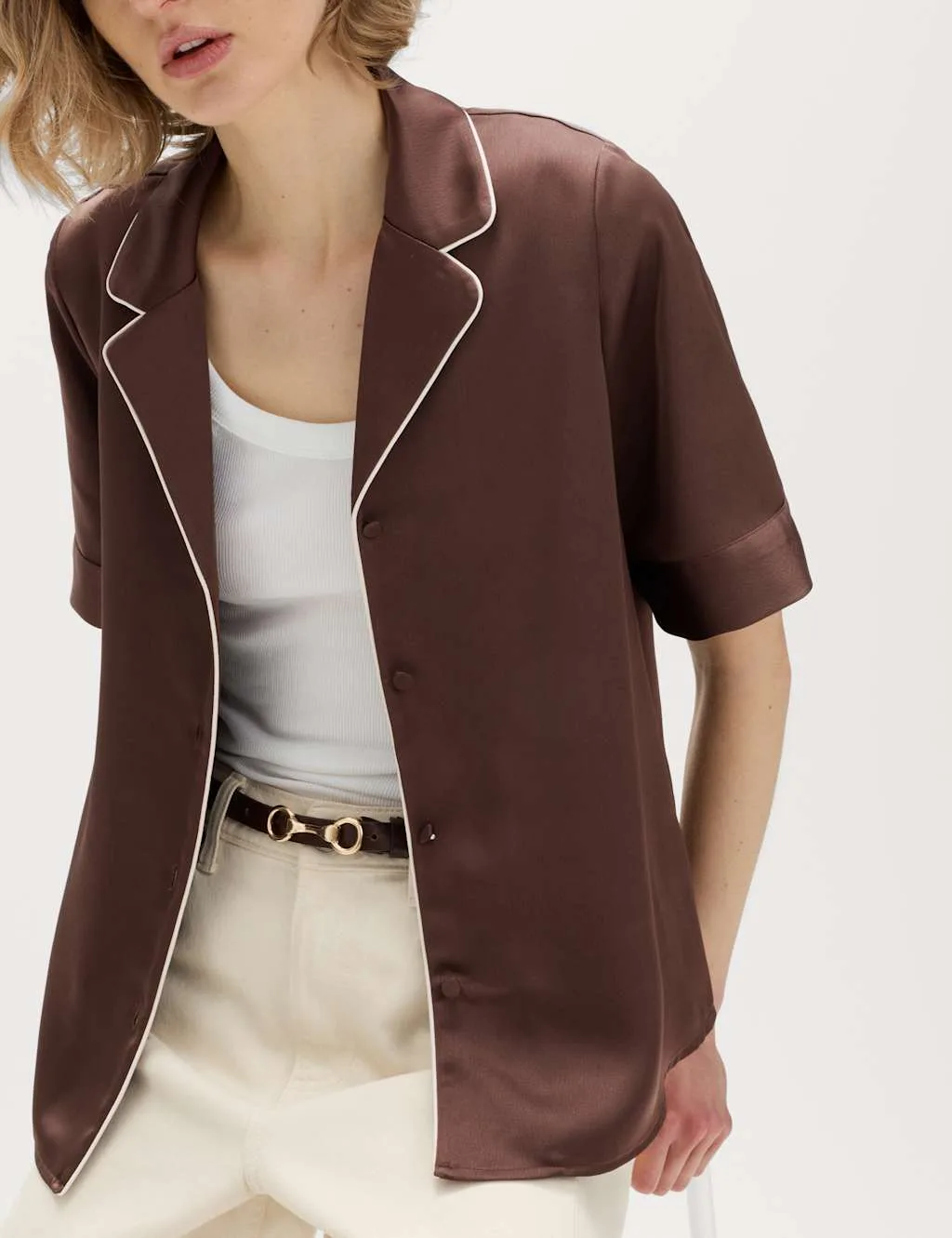 Satin Collared Shirt Chocolate Mix female - M&S - FashionsVida