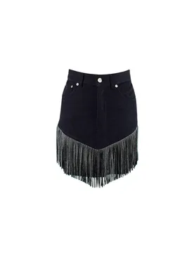 Black Denim Skirt with Silver Studded Leather Fringing - Saint Laurent - FashionsVida