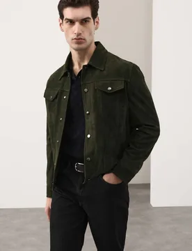 Suede Trucker Jacket Dark Olive male - Autograph - FashionsVida