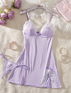 Camisón de mujer con diseño encantador de contraste de color, bajo dividido y parche de encaje con tanga a juego, lencería sexy de mujer con tirant - Shein - FashionsVida