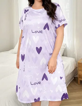 Camisón de seda de leche con estampado de corazón de talla grande, vestido de dormir Moo Moo - Shein - FashionsVida