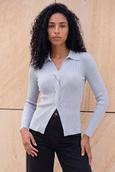 Women's Collar Ribbed Cable Knit Jumper in Light Grey Size: 18 - Light Grey - Size: 18