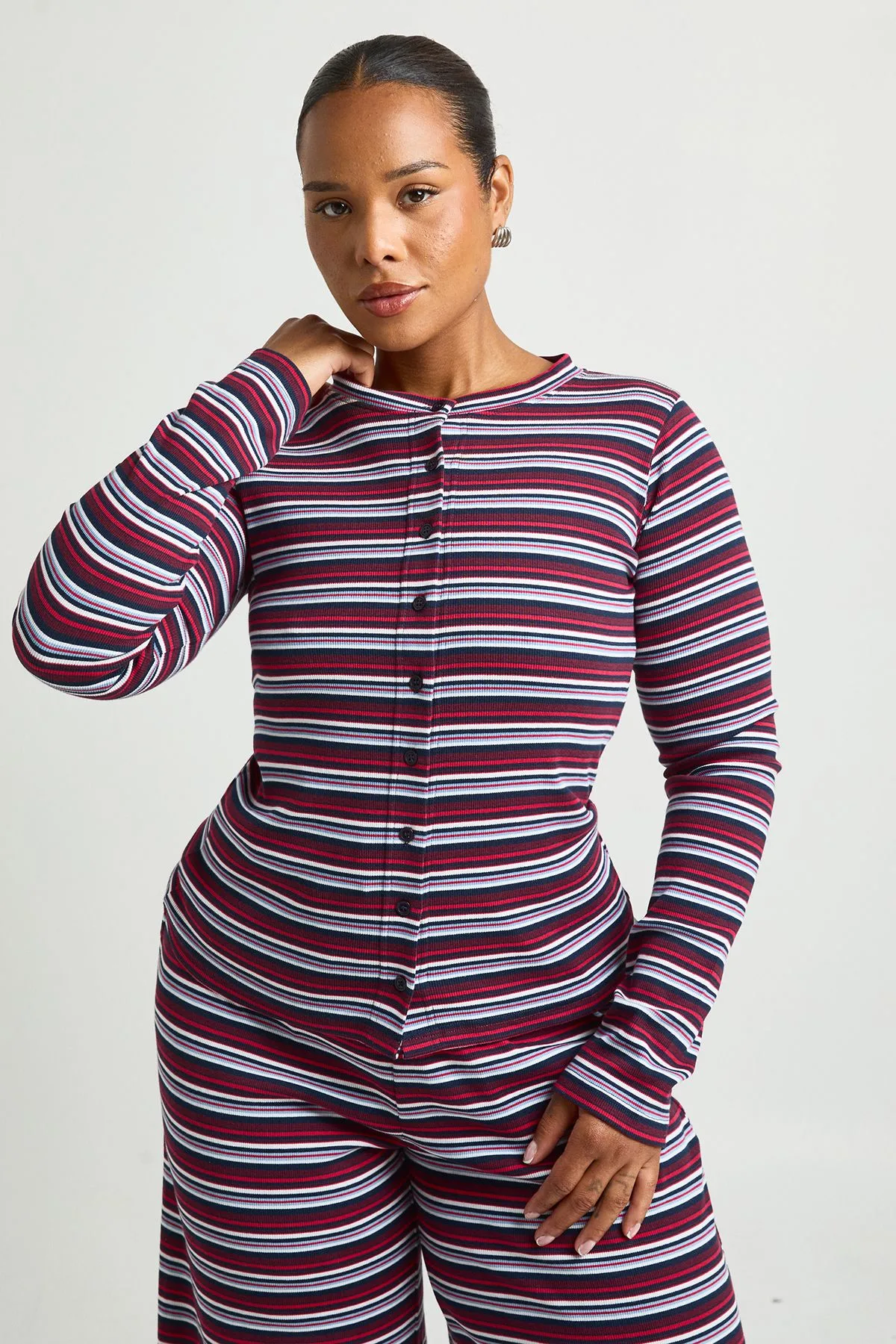 Womens Plus Stripe Button Through Top - Navy Cotton - Size 24 Uk - Boohoo - FashionsVida