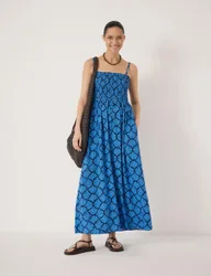 Geometric Square Neck Maxi Shirred Dress Blue Mix female