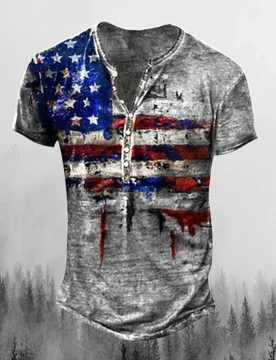 Men Vintage American Flag Print Henley Short Sleeve T Shirt Button V Neck Casual Tee - Aliexpress - FashionsVida