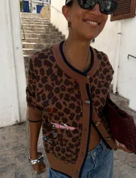 Animal Print Crew Neck Relaxed Cardigan Brown Mix female