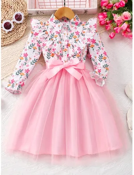 Pieza Vestido de manga larga con estampado floral, cuello abotonado y malla, con cinturón a la cintura para niña joven - Shein - FashionsVida
