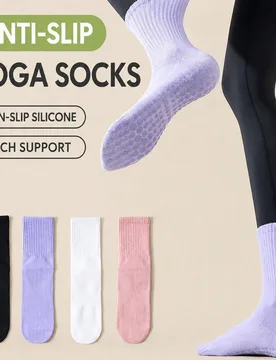 Pares de calcetines deportivos de media caña para mujer con diseño de patchwork multicolor y rayas verticales, cintura alta, suela de goma antidesli - Shein - FashionsVida