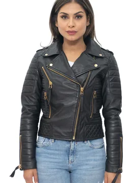 Womens Quilted Vintage Brando Biker Jacket-Lusaka - Gold Nappa Leather - Size 12 Uk - Infinity Leather - FashionsVida