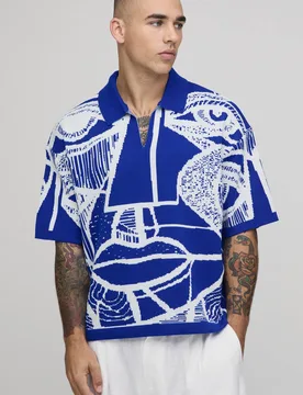 Herren Übergroßes Kastenförmiges Jacquard-StrickPoloshirt Mit Abstraktem Gesichtsmuster Blue Größe Medium - boohooMAN - FashionsVida