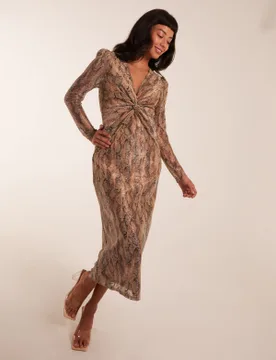 Snake Print Plisse Twist Front Dress - 8 / GOLD - female - Blue Vanilla - FashionsVida