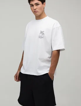 Men's High Low Palm Embroidered Oversized T-Shirt and Short Set Black/white Size X-Small Black/white XS - boohooMAN - FashionsVida