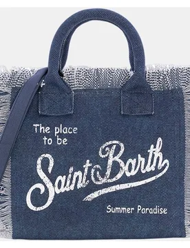 Bolso mediano de tejido canvas con asas de mano y logo a contraste y flecos en la parte superior - MC2 Saint Barth - FashionsVida