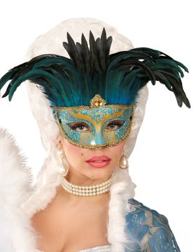 Venezianische Augenmaske mit blauen Federn für Erwachsene