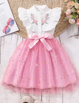 Vestido de niña sin mangas de línea A con cuello bordado de malla y cinta para la cintura - Shein - FashionsVida