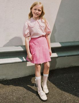 Conjunto de blusa con cuello Peter Pan y falda plisada para niña preadolescente. Ropa linda para niña preadolescente