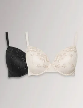 Women's 2 Pack Floral Lace Embroidered Padded Bras in Black Size: 46D - Black - Size: 46D - Yours - FashionsVida