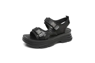 Rhinestone Chunky Sole - Hook & loop - adjustable Sandals - Black - Size: 7.5